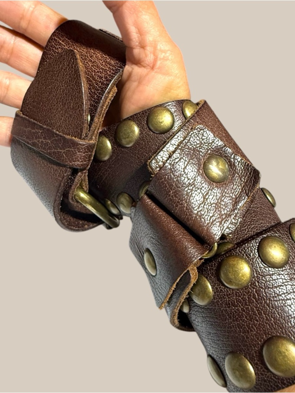 Linea Pelle  100% Leather Brown Brass Studded Hip Belt Size L